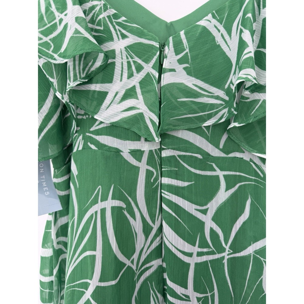 London Times Green White Abstract V-Neck Chiffon Ruffle Midi Slip Dress Size 10P - Picture 6 of 8